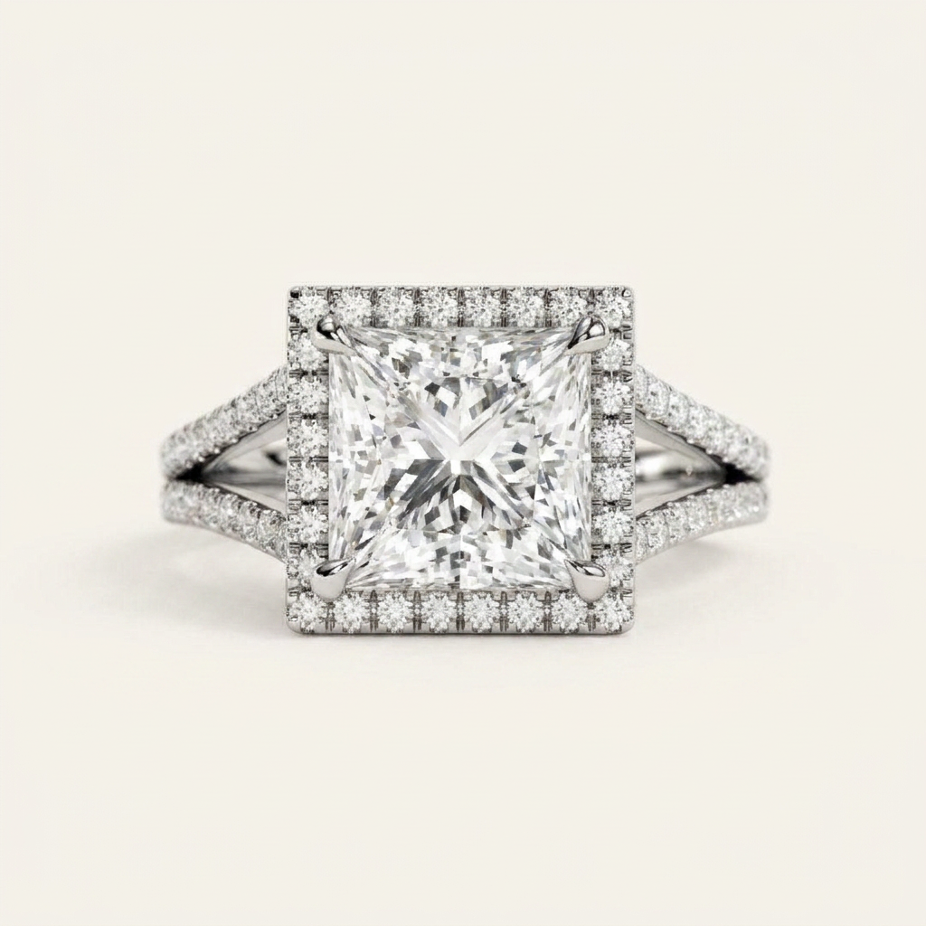 Moissanite 3.93 CT Princess & Round Cut Diamond Halo Ring
