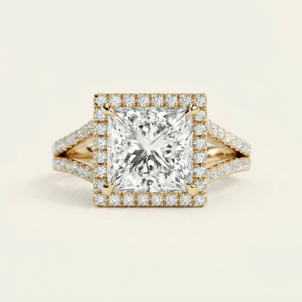 Moissanite 3.93 CT Princess & Round Cut Diamond Halo Ring