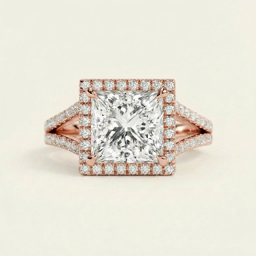 Moissanite 3.93 CT Princess & Round Cut Diamond Halo Ring