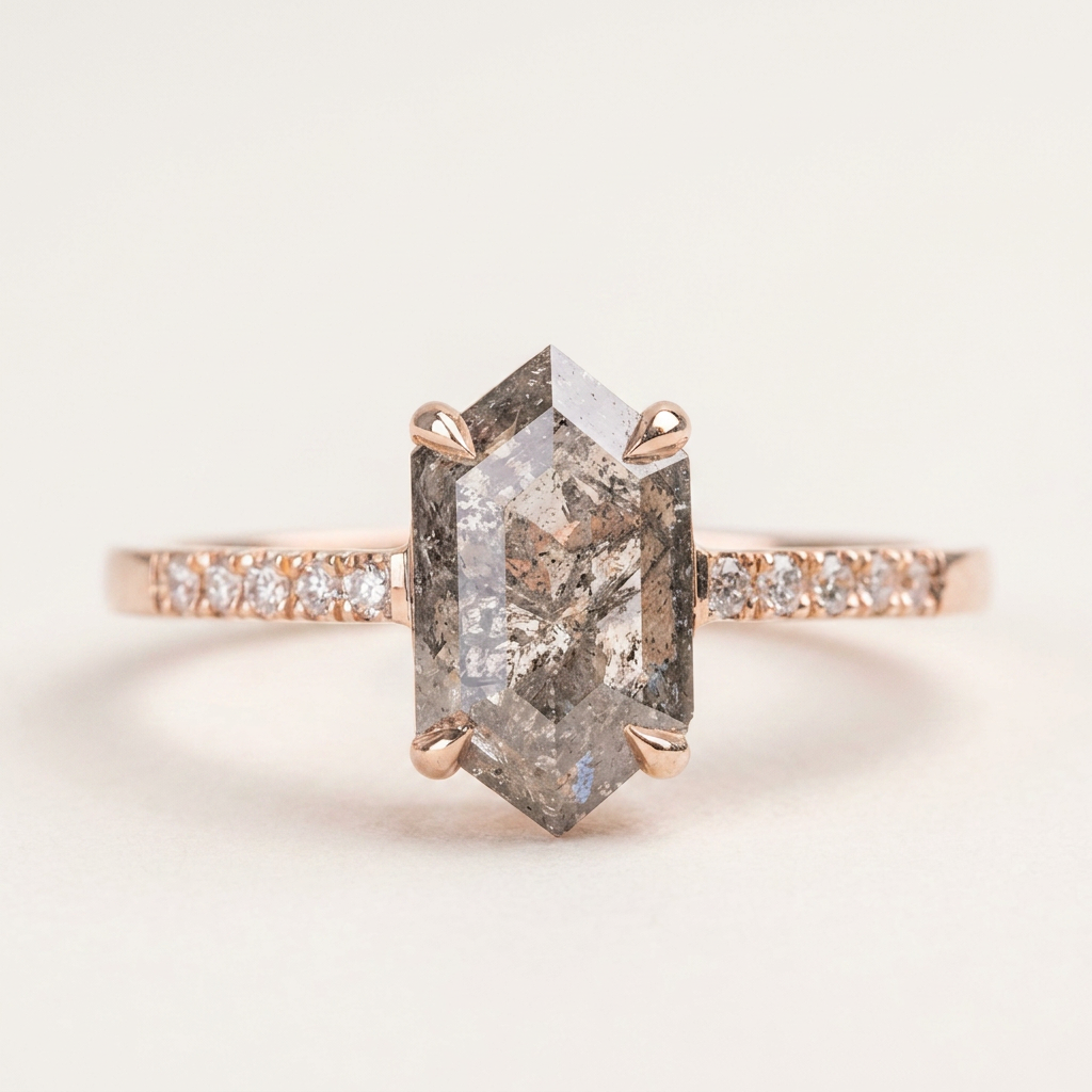 1.35 CT Hexagon Cut Salt and Pepper Diamond Solitaire Ring