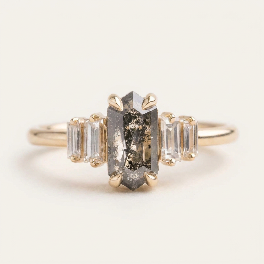 1.80 CT Hexagon & Baguette Cut Salt and Pepper Diamond Cluster Five-Stone Ring
