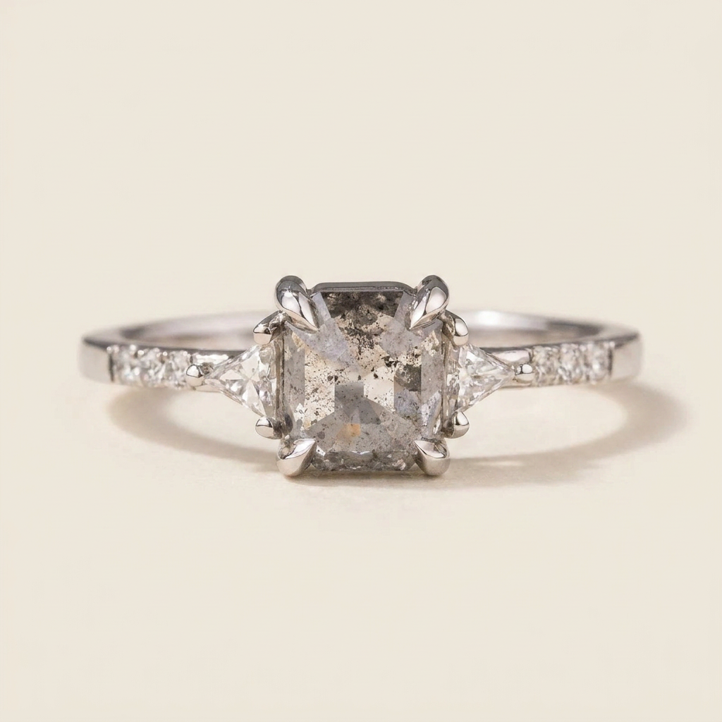 2.05 CT Asscher & Round Cut Salt and Pepper Diamond Three Stone Ring