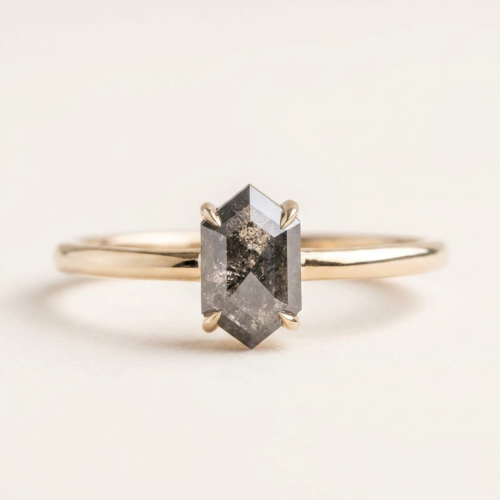 1.10 CT Hexagon Cut Salt and Pepper Diamond Solitaire Ring (V-Artdeco)
