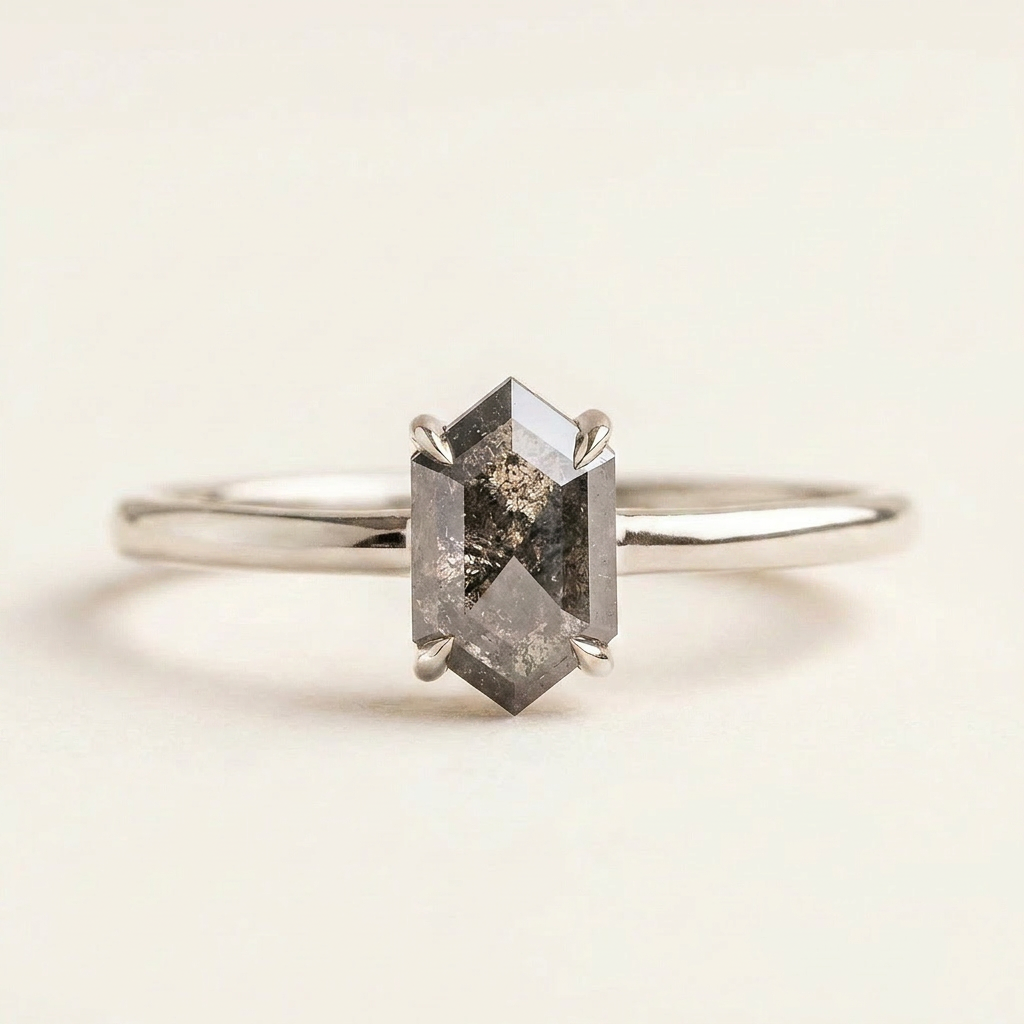 1.10 CT Hexagon Cut Salt and Pepper Diamond Solitaire Ring (V-Artdeco)