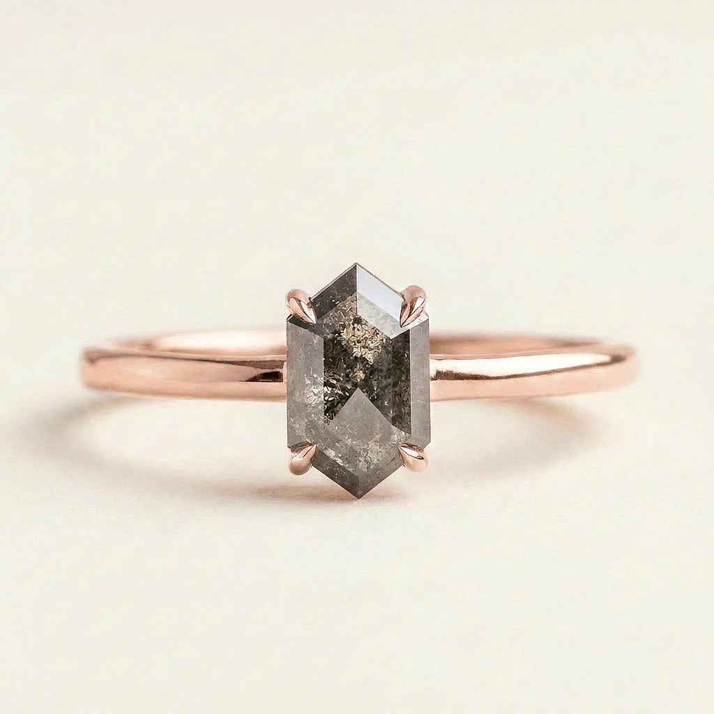 1.10 CT Hexagon Cut Salt and Pepper Diamond Solitaire Ring (V-Artdeco)