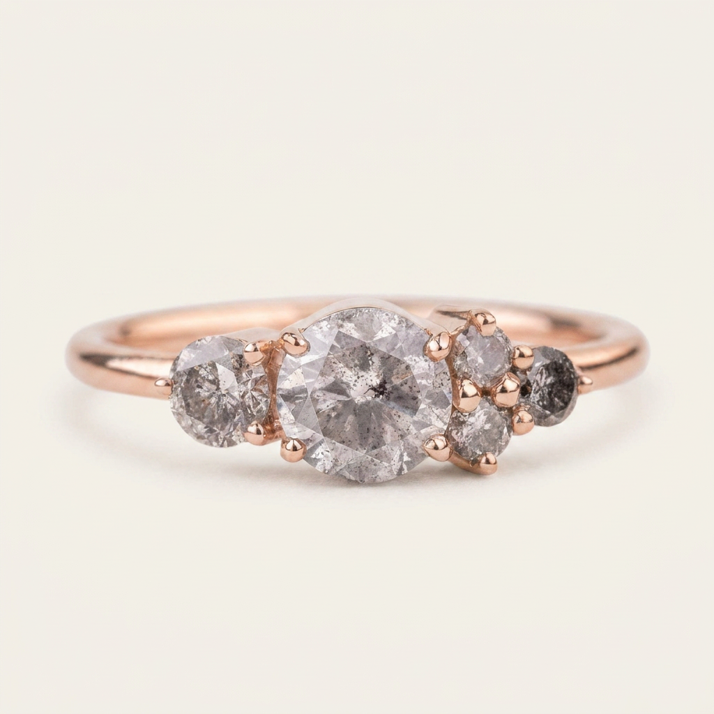 1.70 CT Round Cut Salt and Pepper Diamond Cluster Ring