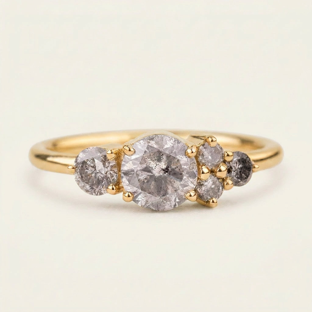 1.70 CT Round Cut Salt and Pepper Diamond Cluster Ring