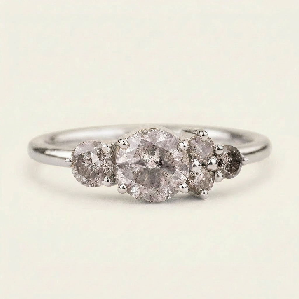 1.70 CT Round Cut Salt and Pepper Diamond Cluster Ring