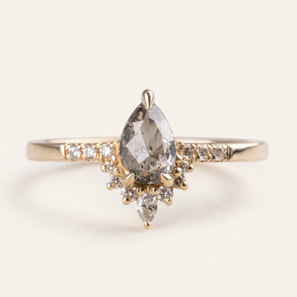 1.55 CT Pear & Round Cut Salt and Pepper Diamond Cluster Ring