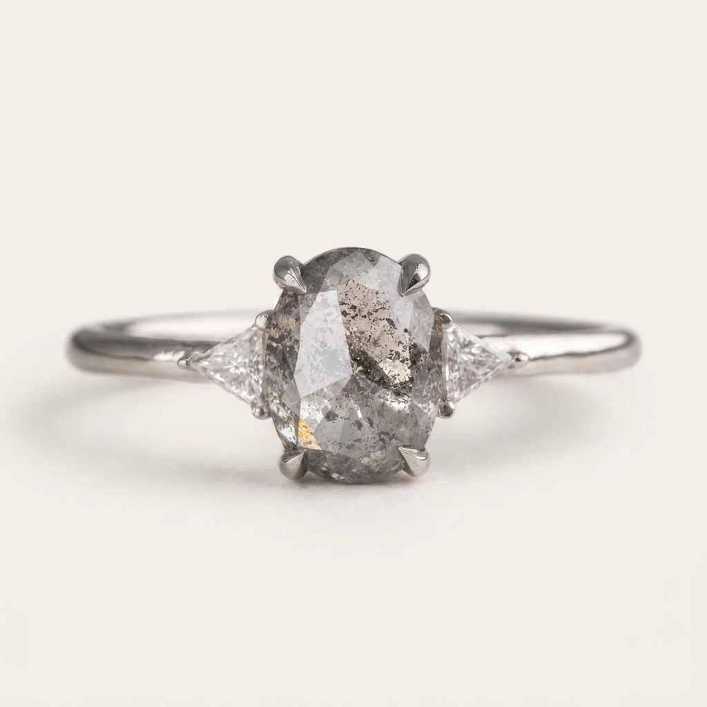 1.50 CT Oval & Triangle Cut Salt and Pepper Diamond Three Stone Ring