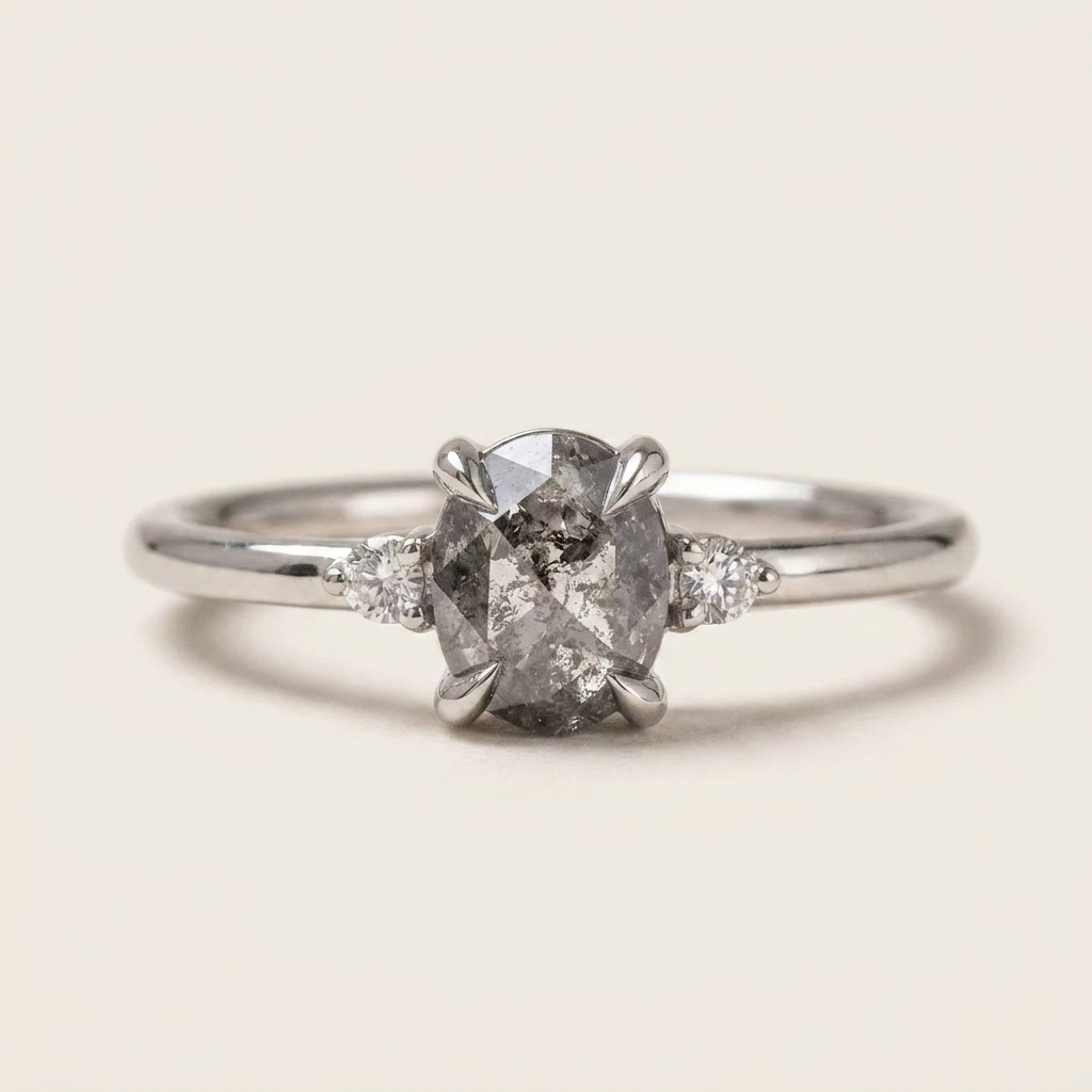 1.45 CT Oval & Round Cut Salt and Pepper Diamond Three Stone Ring