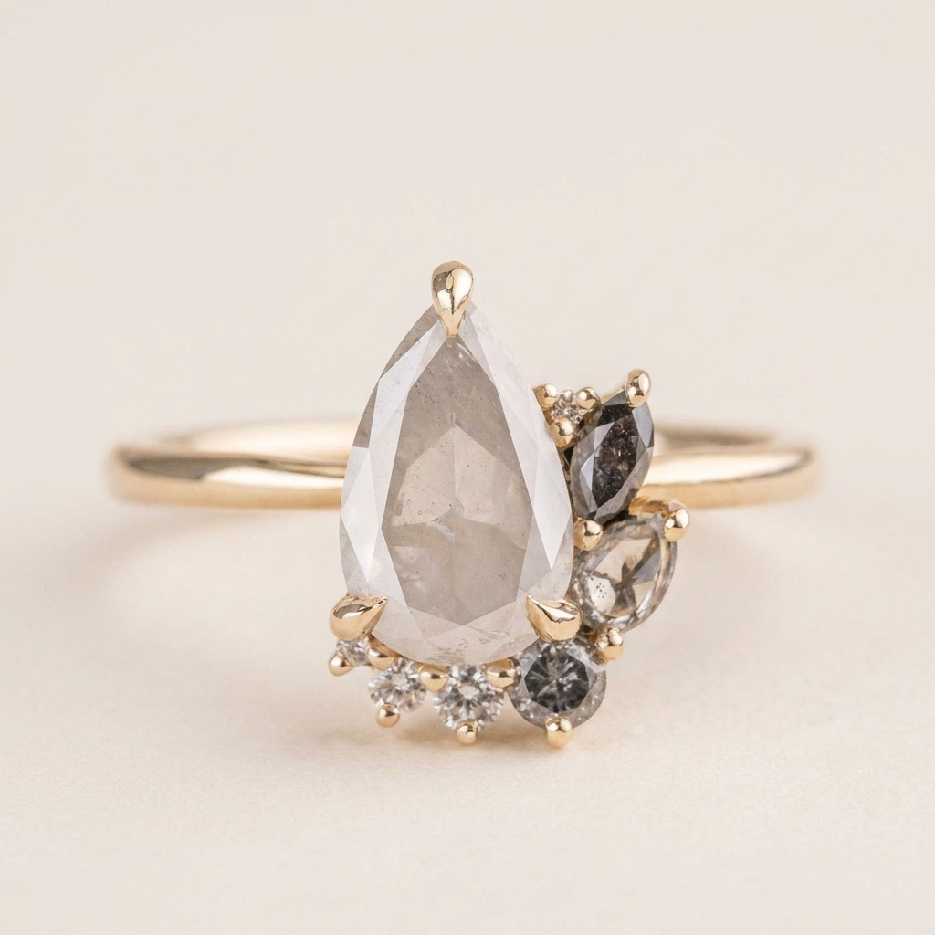 1.70 CT Pear & Round Cut Salt and Pepper Diamond Cluster Ring