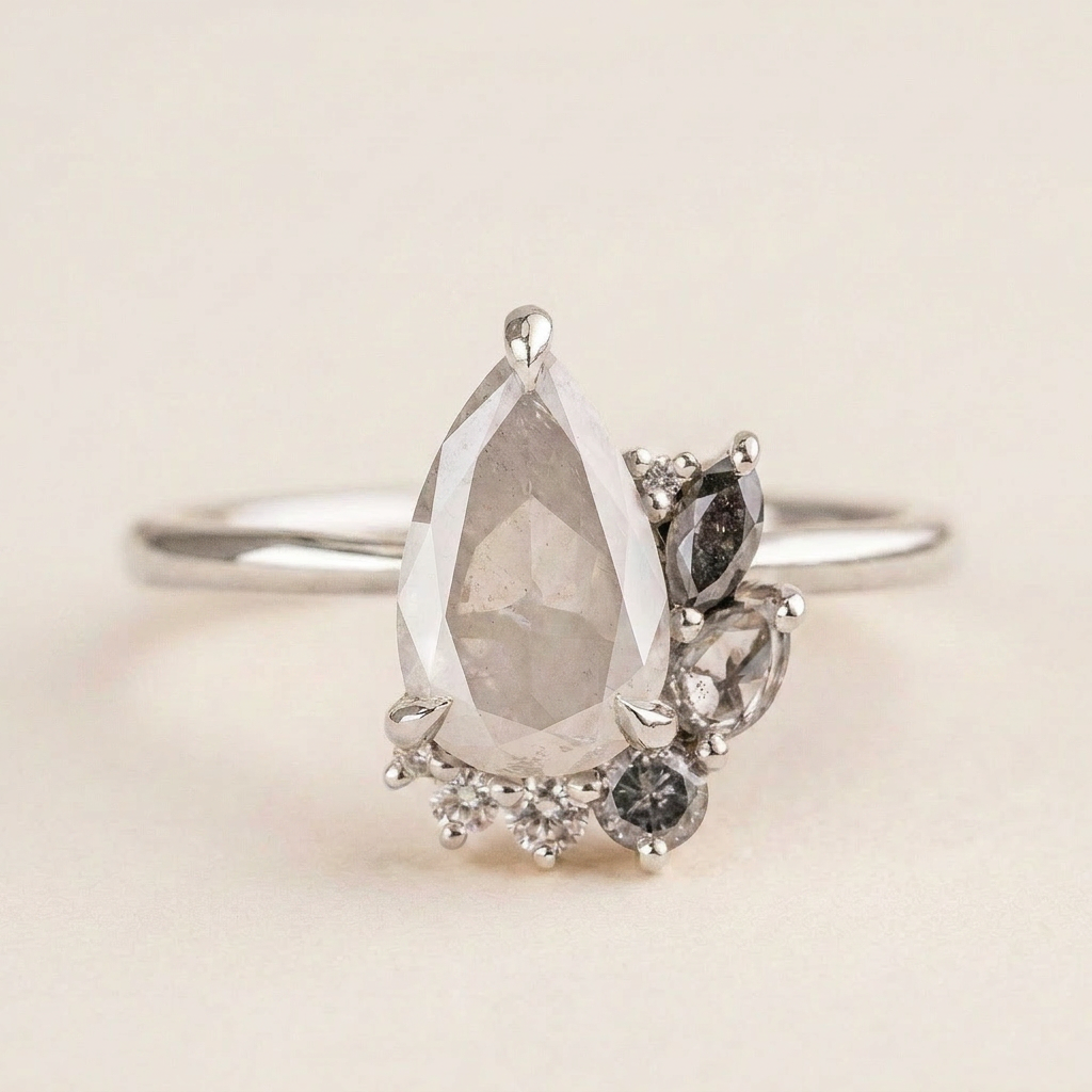 1.70 CT Pear & Round Cut Salt and Pepper Diamond Cluster Ring
