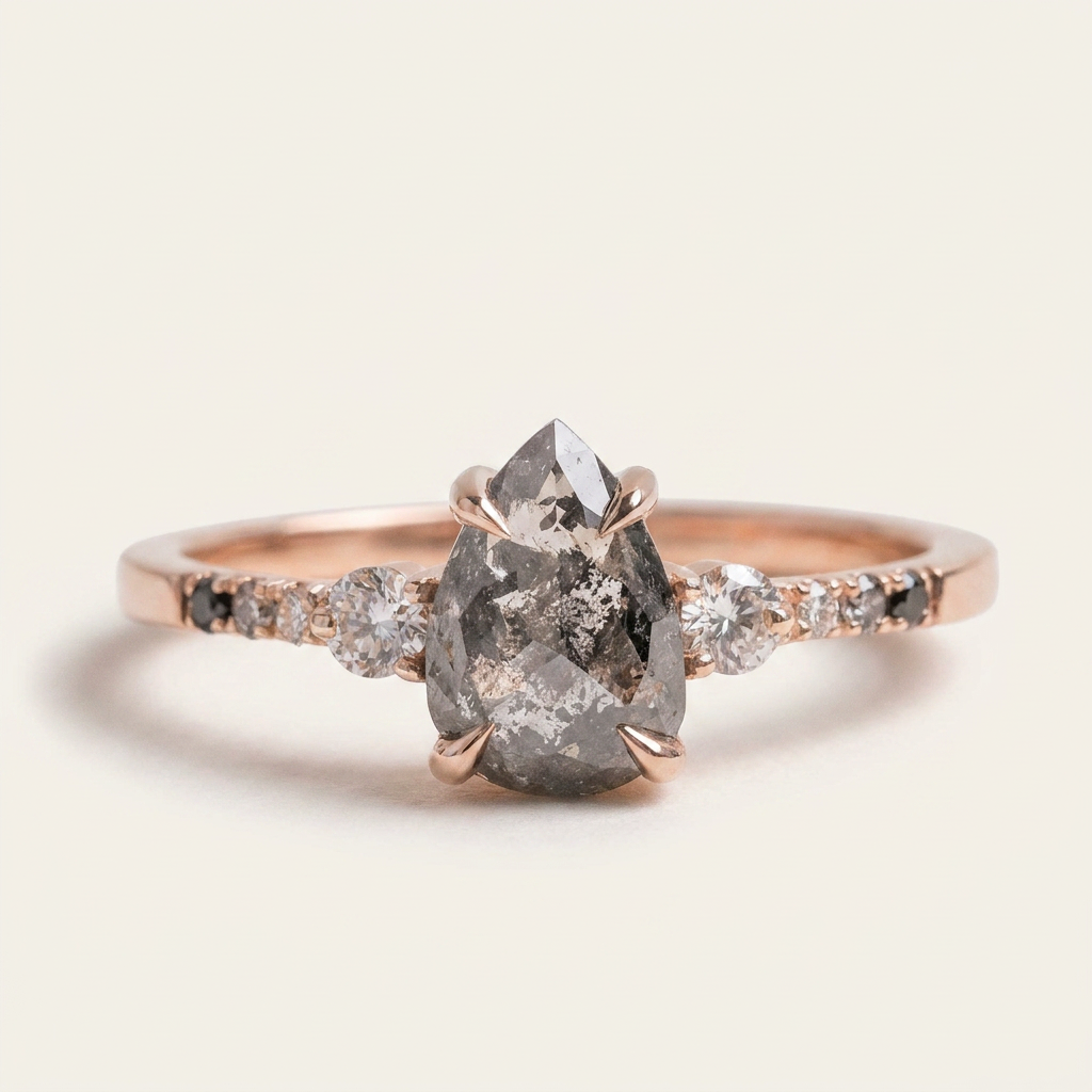 1.50 CT Pear & Round Cut Salt and Pepper Diamond Three Stone Ring