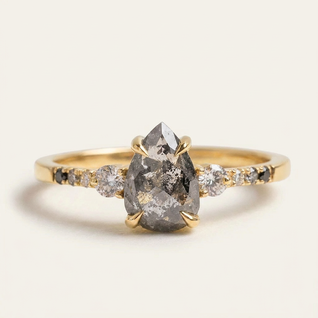 1.50 CT Pear & Round Cut Salt and Pepper Diamond Three Stone Ring