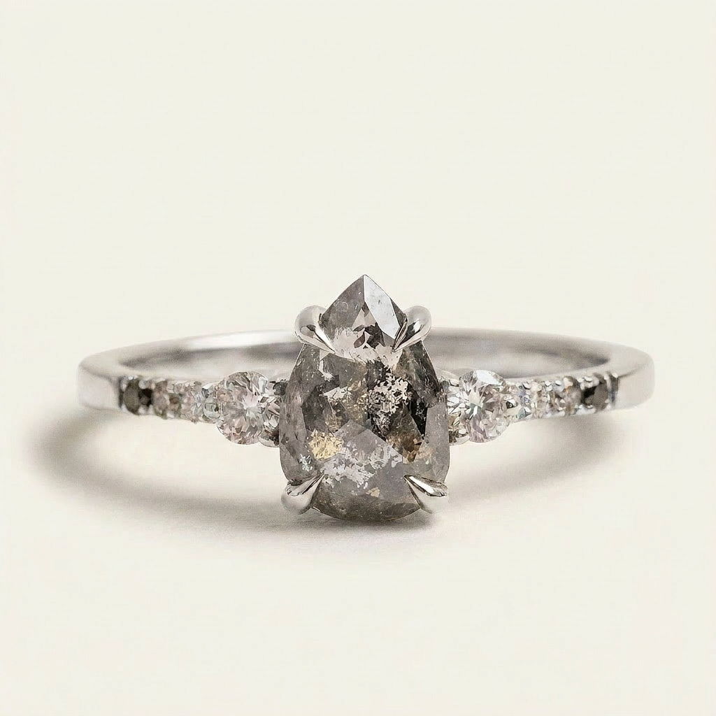 1.50 CT Pear & Round Cut Salt and Pepper Diamond Three Stone Ring