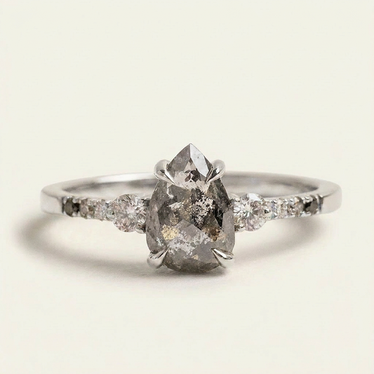 1.50 CT Pear & Round Cut Salt and Pepper Diamond Three Stone Ring