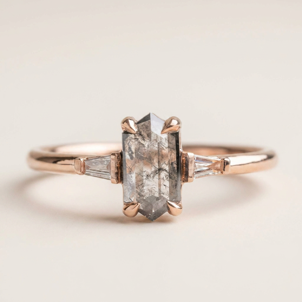 1.40 CT Hexagon & Tapered Baguette Cut Salt and Pepper Diamond Three Stone Ring