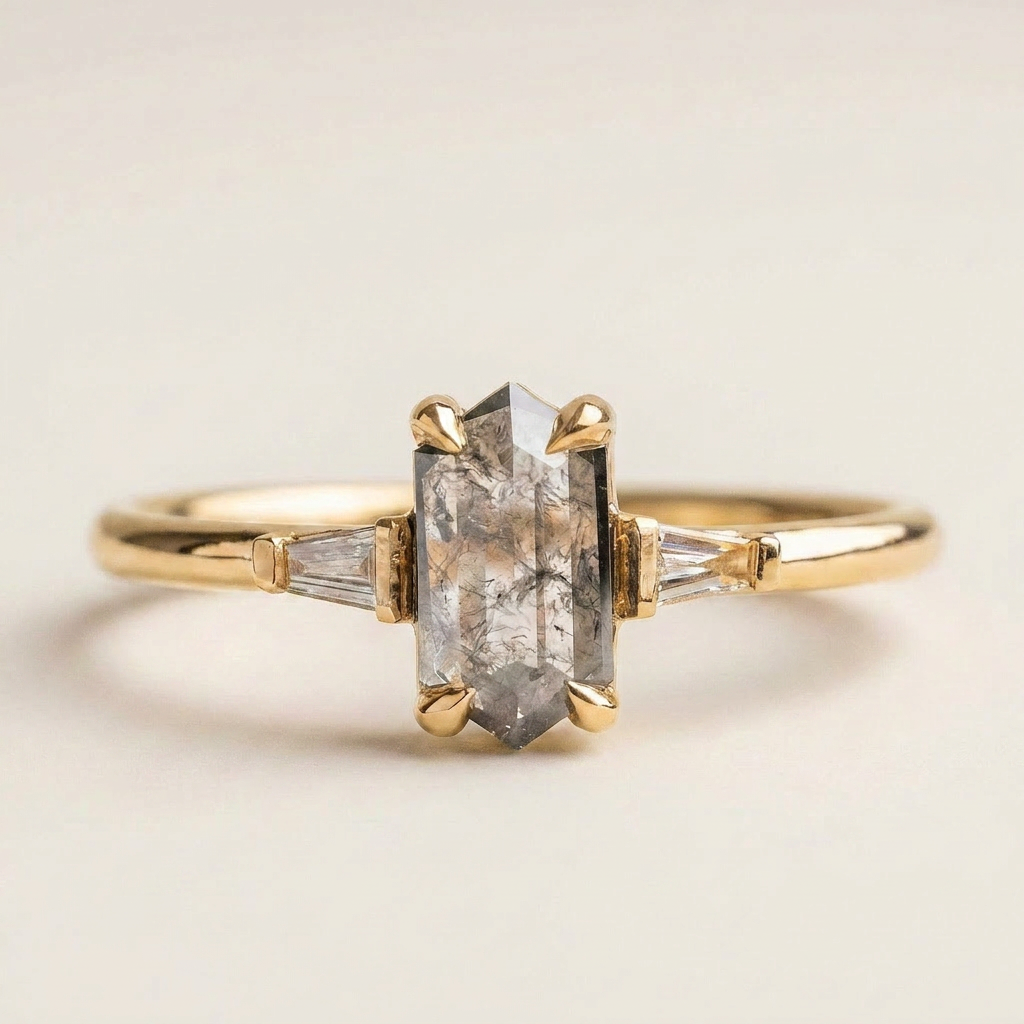 1.40 CT Hexagon & Tapered Baguette Cut Salt and Pepper Diamond Three Stone Ring