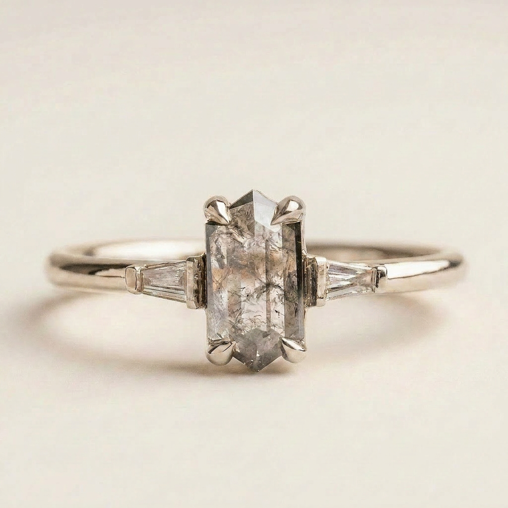 1.40 CT Hexagon & Tapered Baguette Cut Salt and Pepper Diamond Three Stone Ring