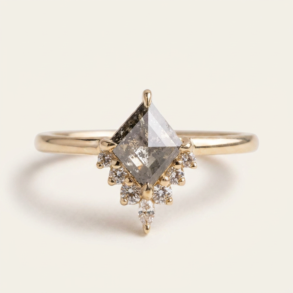 1.45 CT Kite & Round Cut Salt and Pepper Diamond Cluster Ring