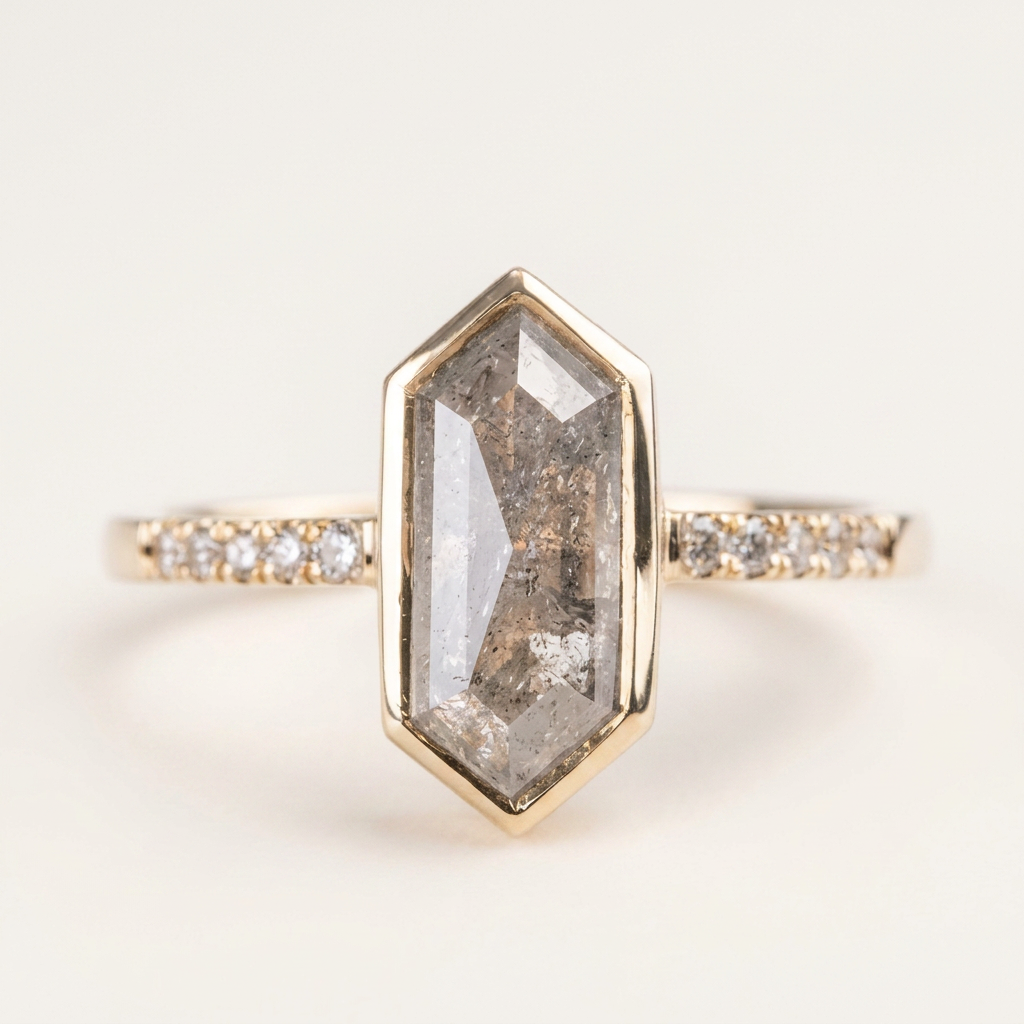 1.95 CT Hexagon Cut Salt and Pepper Diamond Solitaire Ring