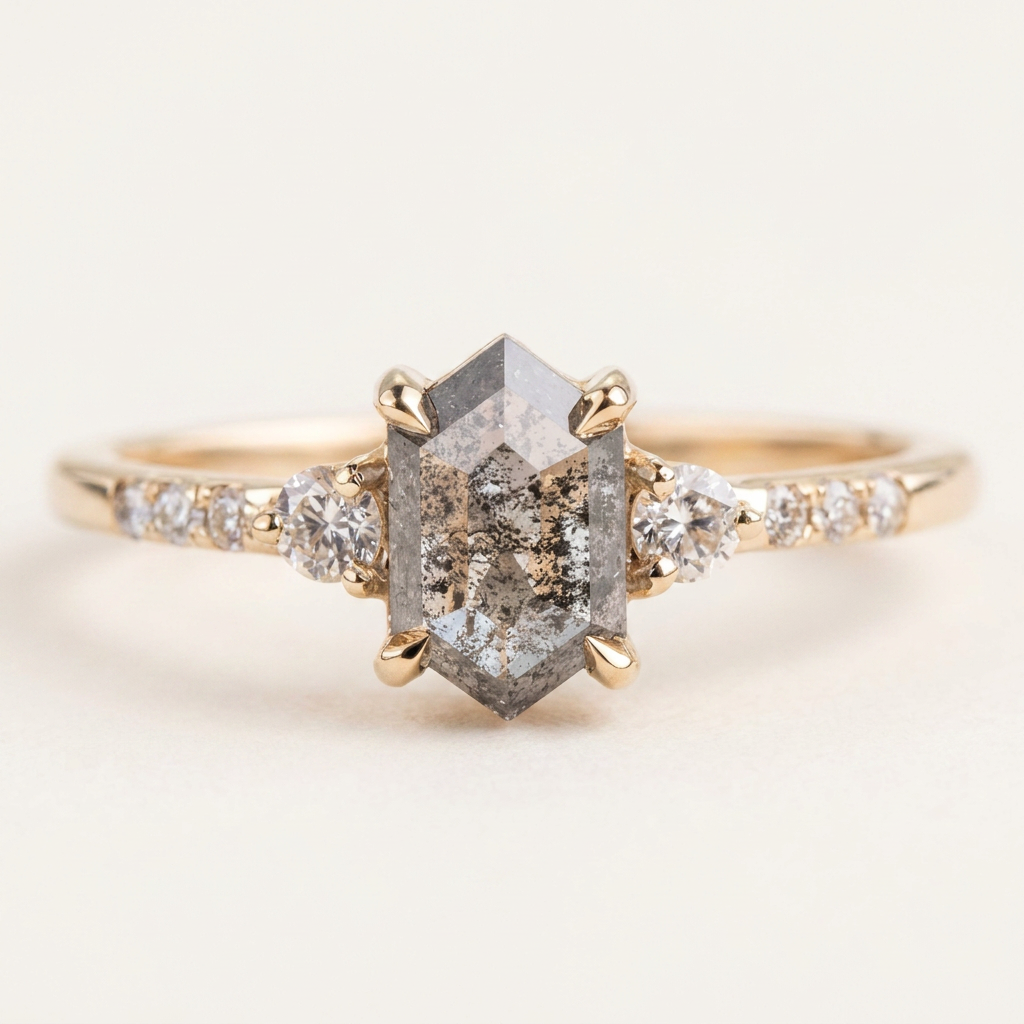 1.75 CT Hexagon & Round Cut Salt and Pepper Diamond Three Stone Ring