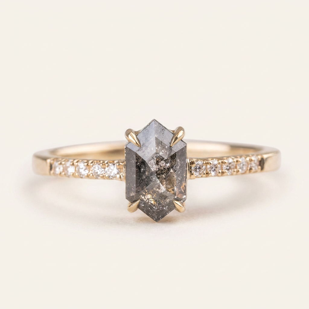 1.70 CT Hexagon Cut Salt and Pepper Diamond Solitaire Ring