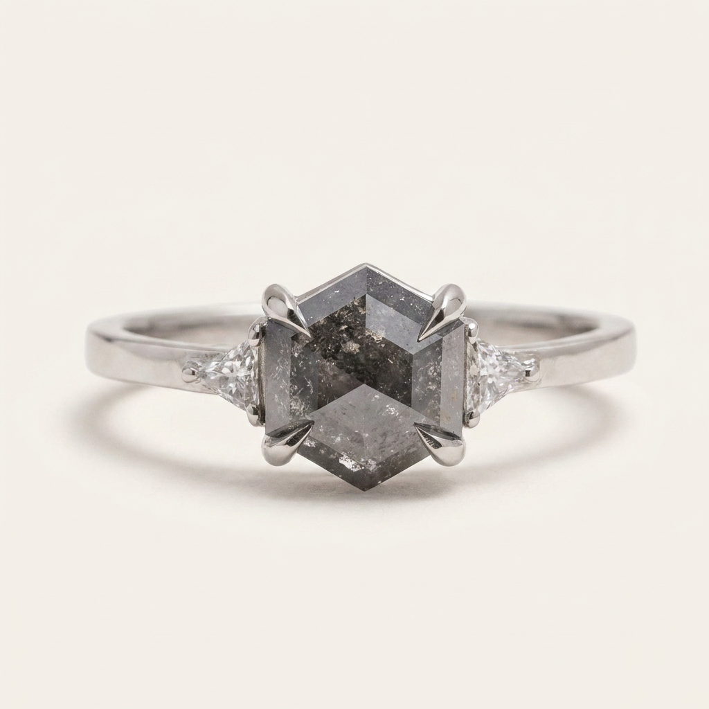 1.30 CT Hexagon & Triangle Cut Salt and Pepper Diamond Three Stone Ring (V2)