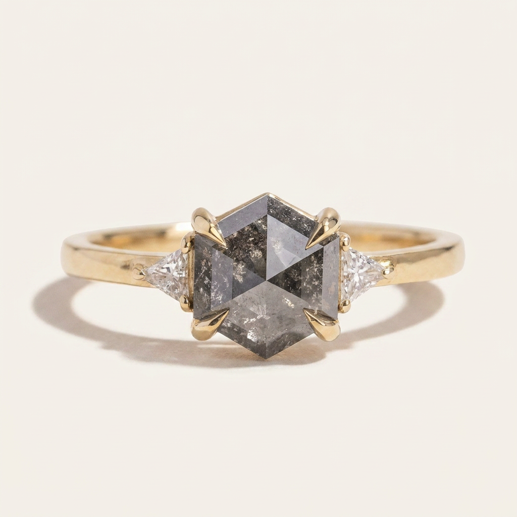 1.30 CT Hexagon & Triangle Cut Salt and Pepper Diamond Three Stone Ring (V2)
