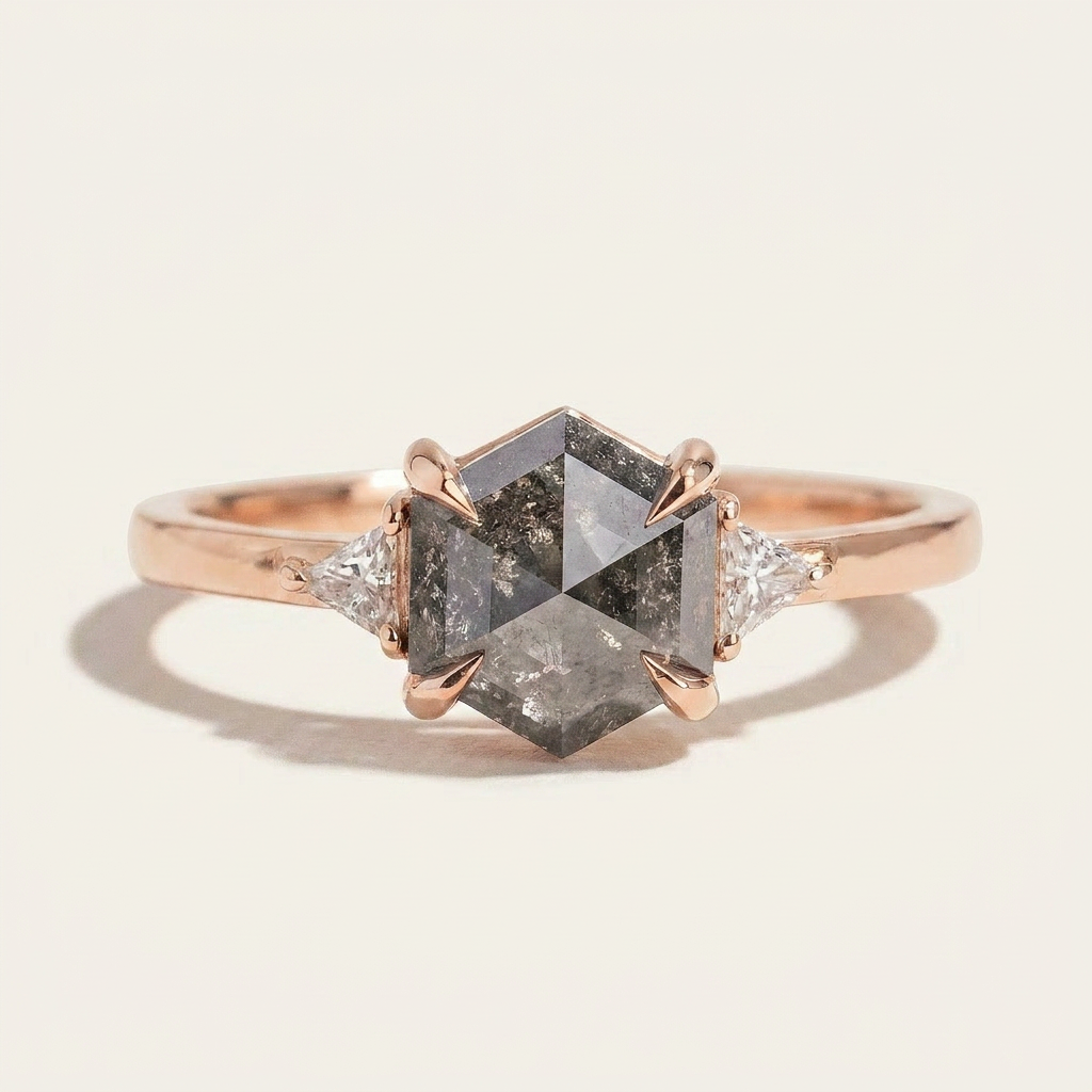 1.30 CT Hexagon & Triangle Cut Salt and Pepper Diamond Three Stone Ring (V2)
