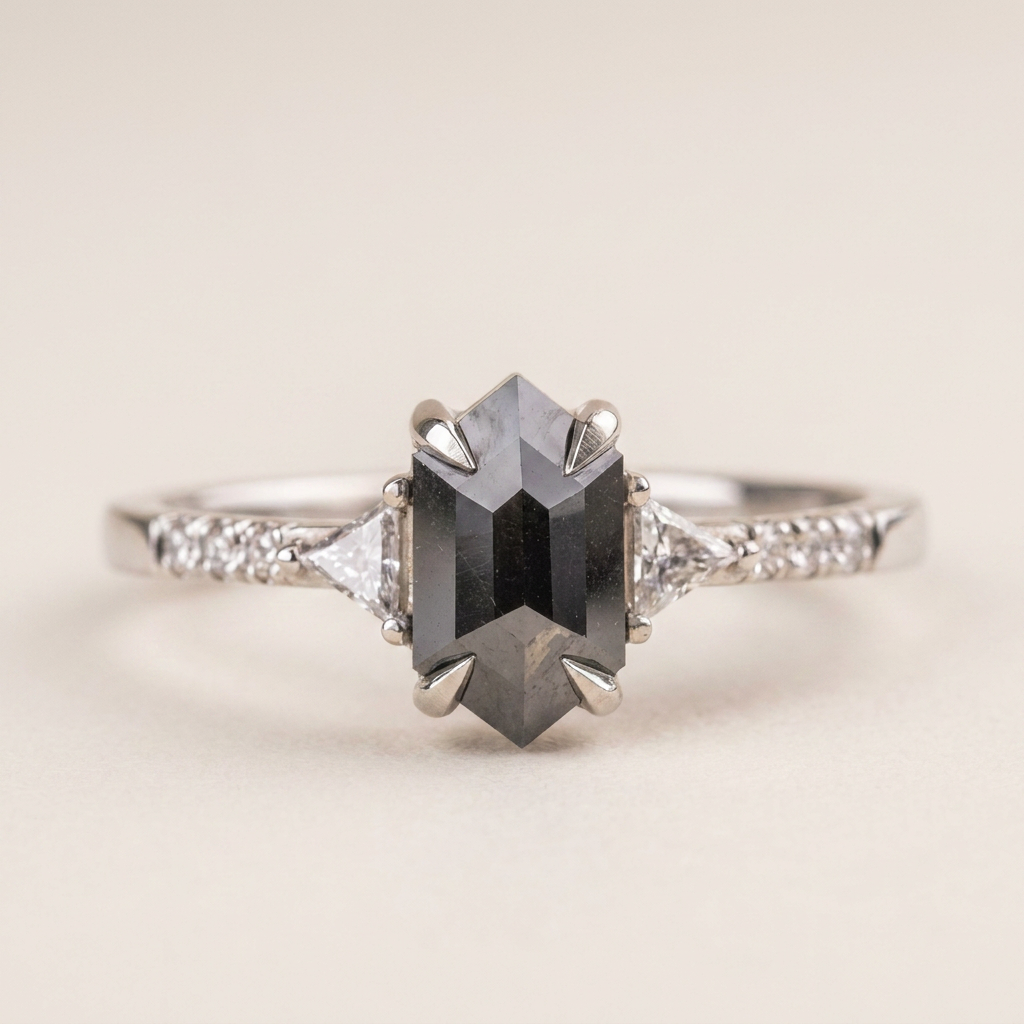1.70 CT Hexagon & Round Cut Salt and Pepper Diamond Three Stone Ring (V1)