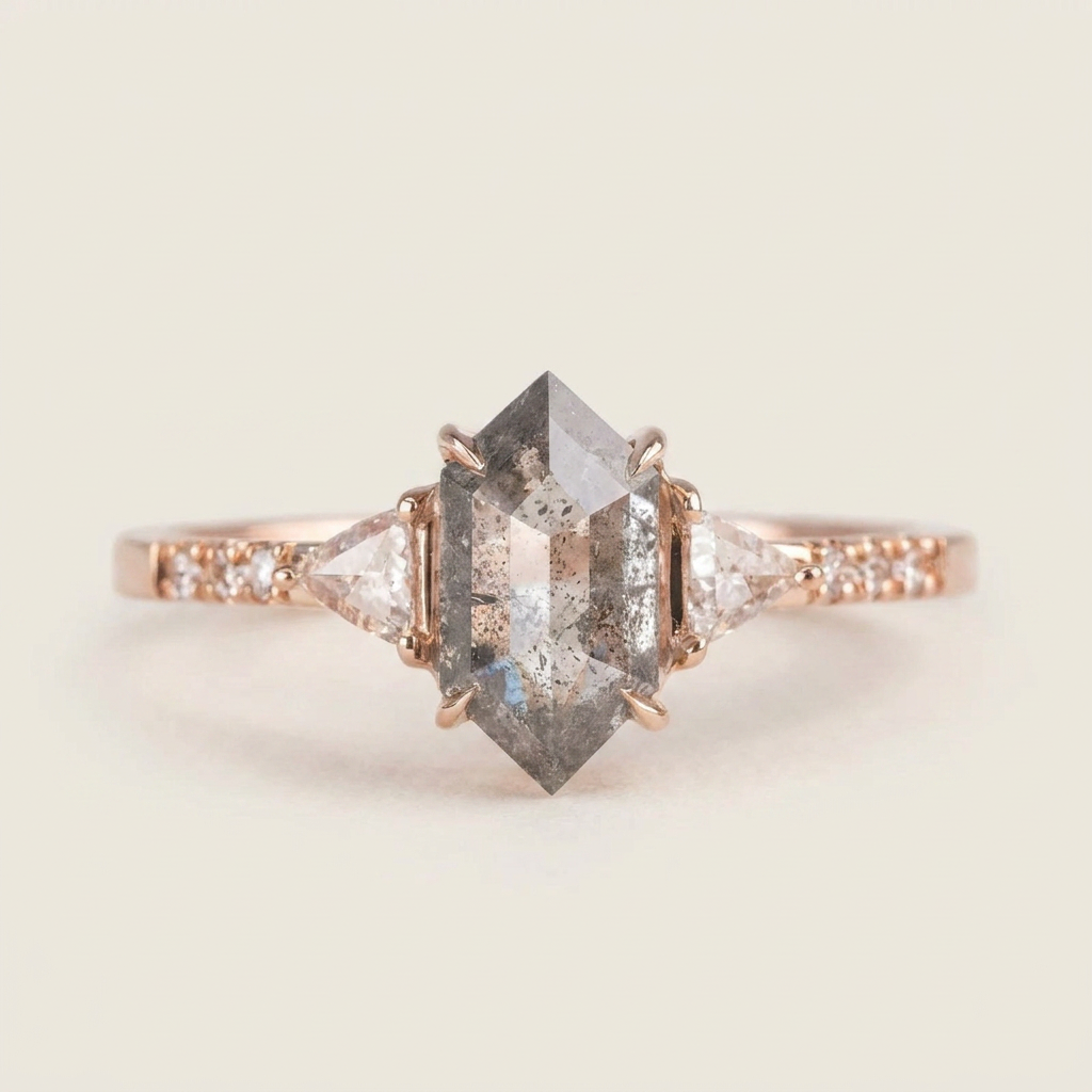 1.65 CT Hexagon & Round Cut Salt and Pepper Diamond Three Stone Ring (V-Artdeco)
