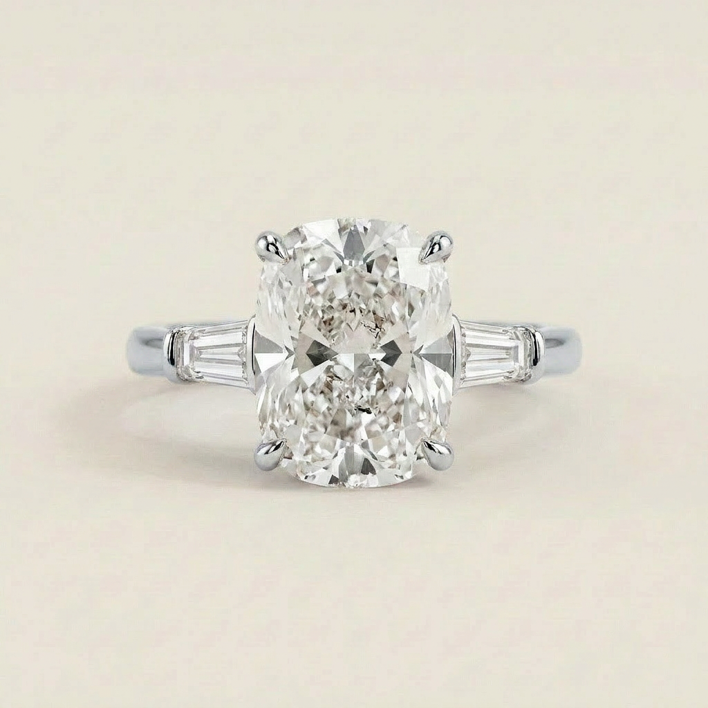Moissanite 5.32 CT Cushion & Tapered Cut Diamond Three Stone Ring