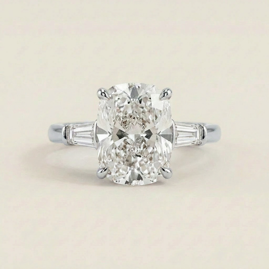 Moissanite 5.32 CT Cushion & Tapered Cut Diamond Three Stone Ring