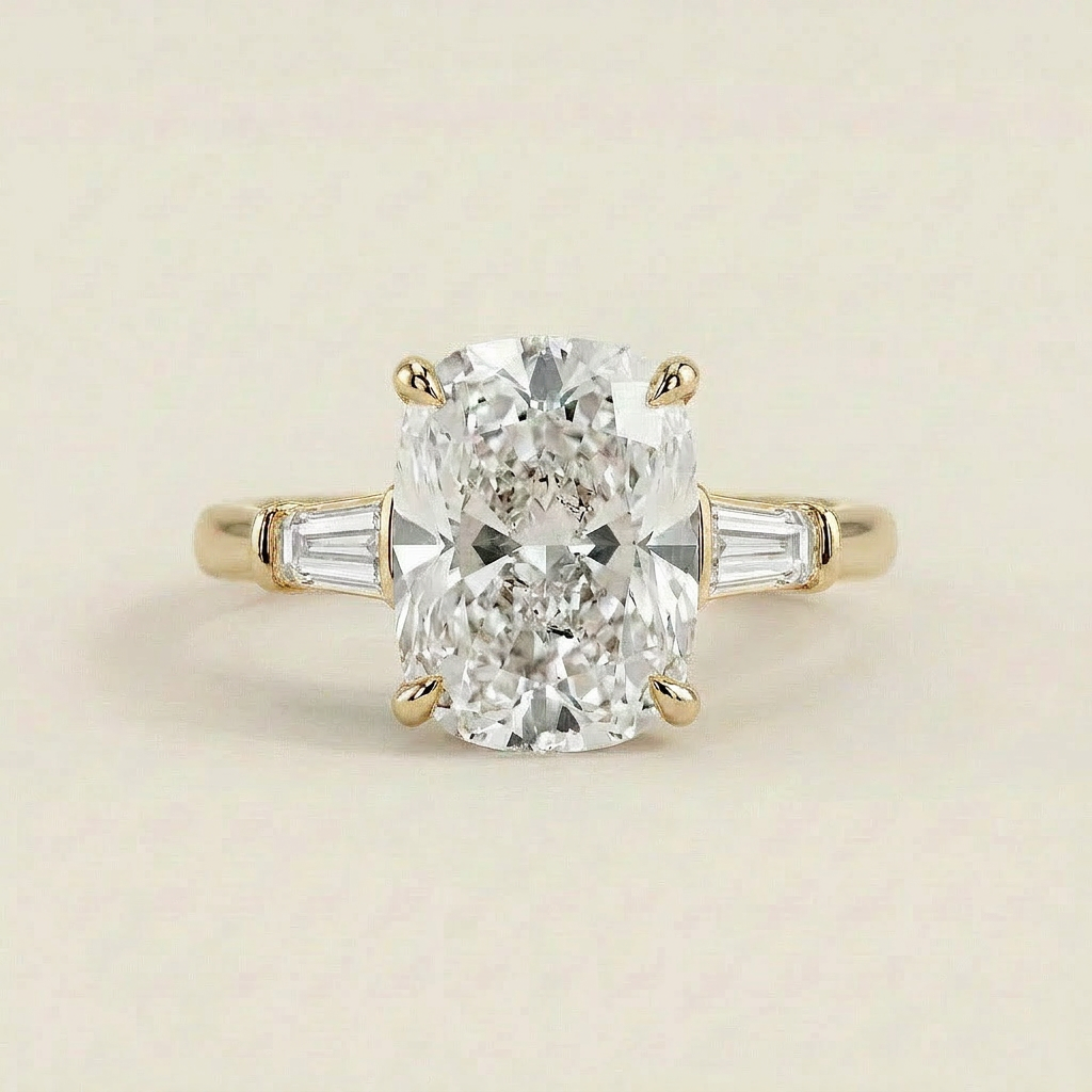 Moissanite 5.32 CT Cushion & Tapered Cut Diamond Three Stone Ring