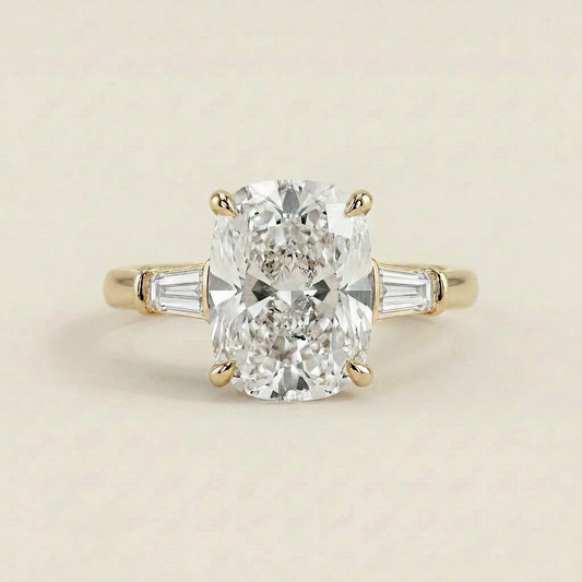 Moissanite 5.32 CT Cushion & Tapered Cut Diamond Three Stone Ring