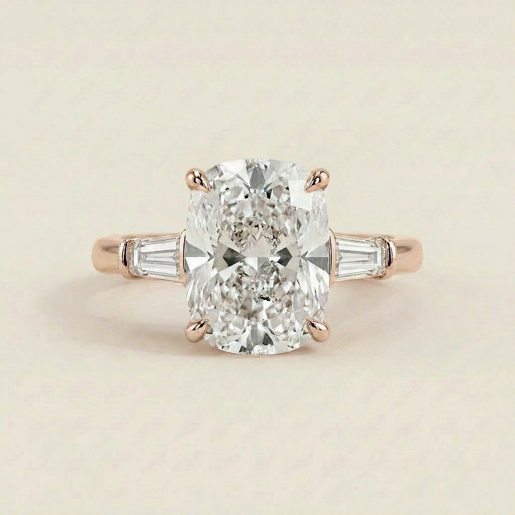 Moissanite 5.32 CT Cushion & Tapered Cut Diamond Three Stone Ring