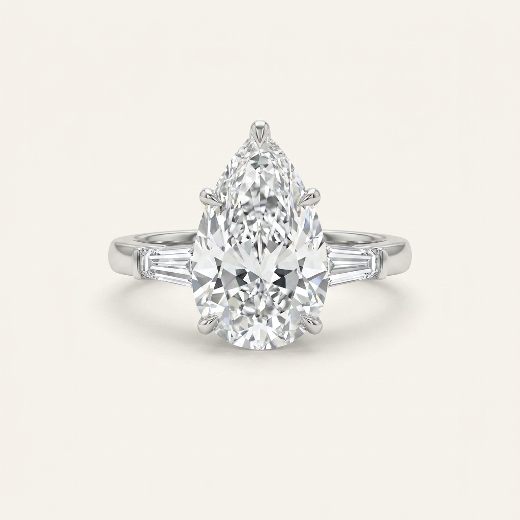 Moissanite 3.66 CT Pear & Tapered Cut Diamond Three Stone Ring