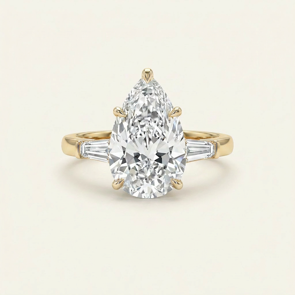 Moissanite 3.66 CT Pear & Tapered Cut Diamond Three Stone Ring