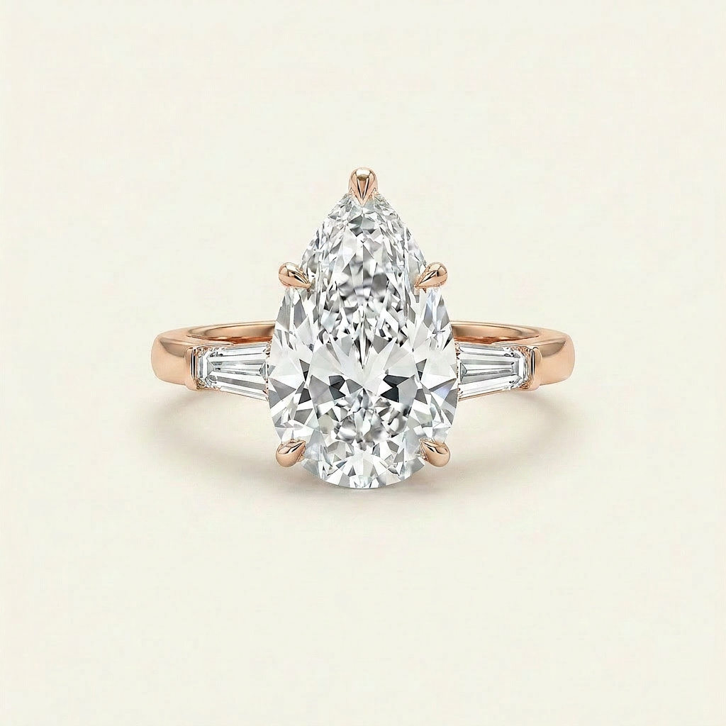 Moissanite 3.66 CT Pear & Tapered Cut Diamond Three Stone Ring