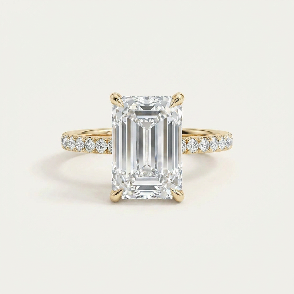 Moissanite 5.10 CT Emerald & Round Cut Diamond Solitaire Ring