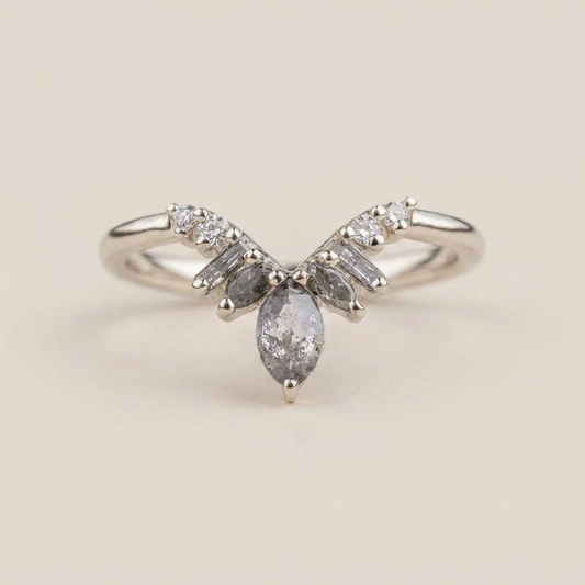 0.32 CT Marquise & Round Cut Salt and Pepper Diamond Ring