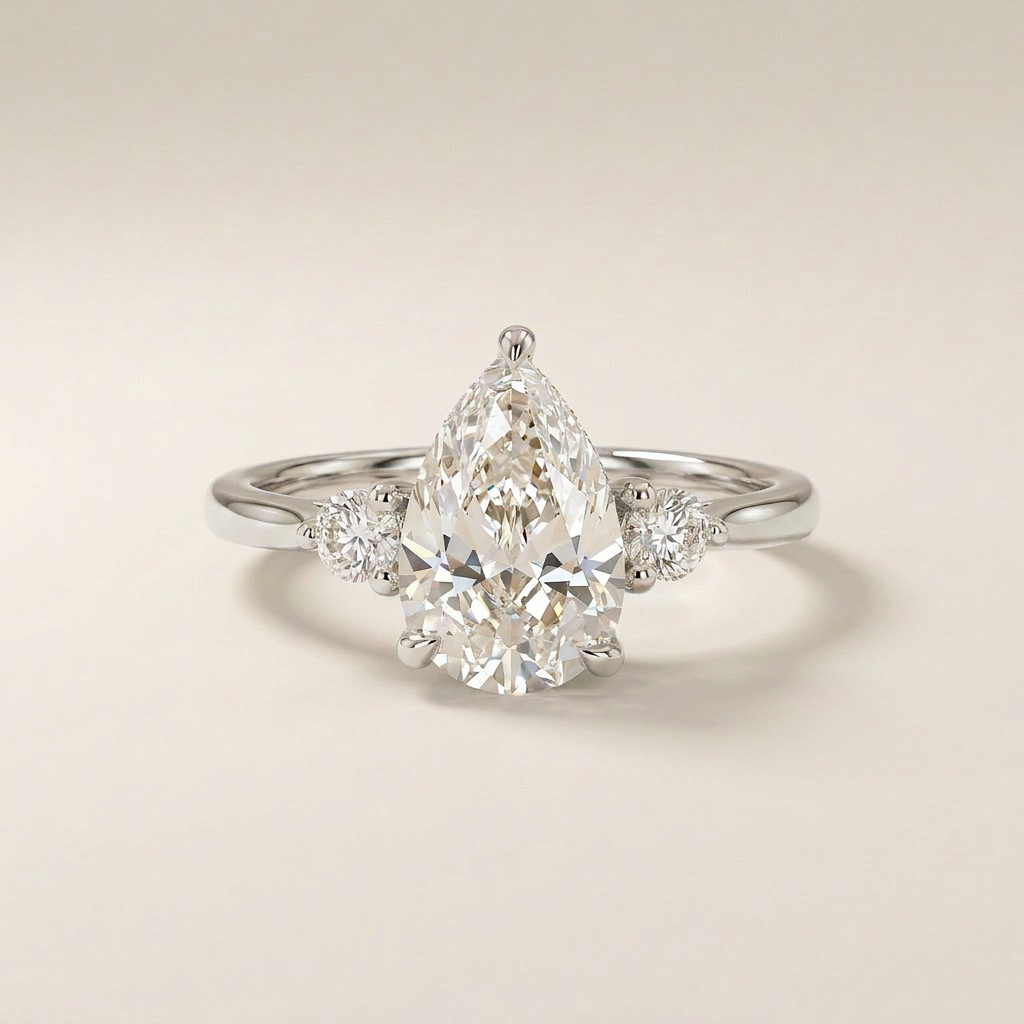 Moissanite 2.00 CT Pear & Round Cut Diamond Three Stone Ring