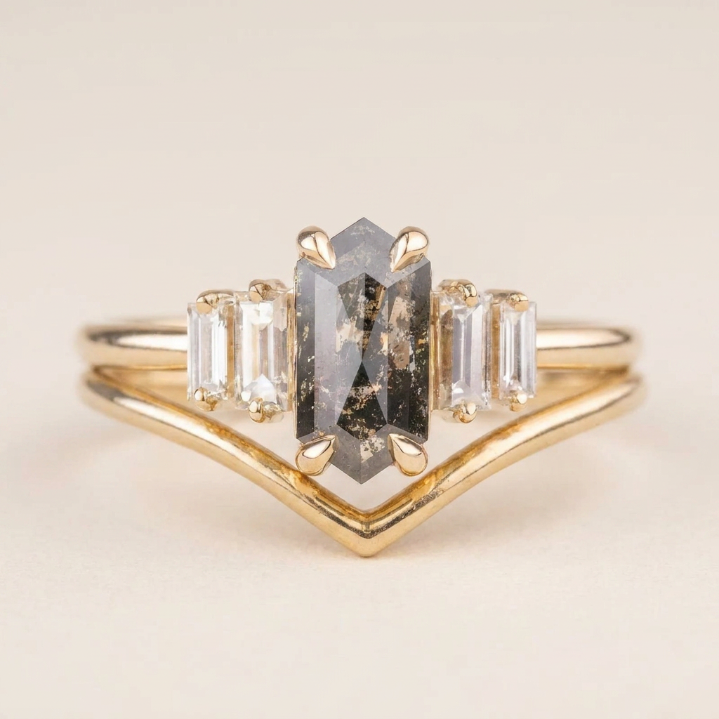 1.80 CT Hexagon & Baguette Cut Salt and Pepper Diamond Cluster Five-Stone Ring