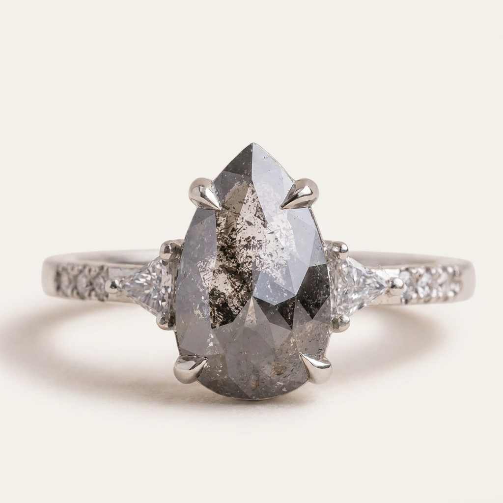 2.20 CT Pear & Triangle Cut Salt and Pepper Diamond Three Stone Ring