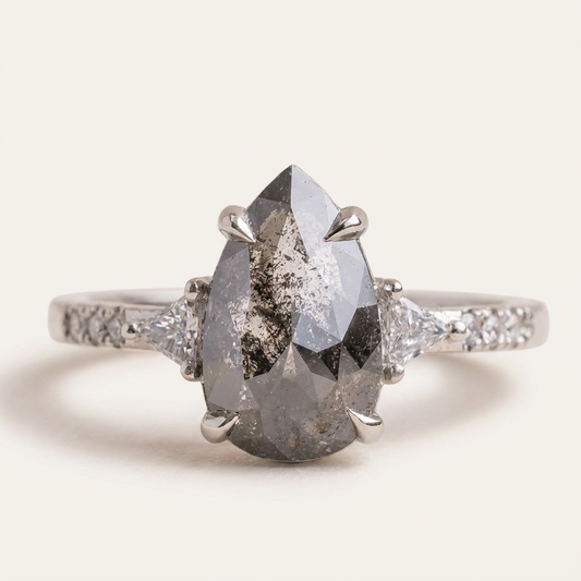 2.20 CT Pear & Triangle Cut Salt and Pepper Diamond Three Stone Ring
