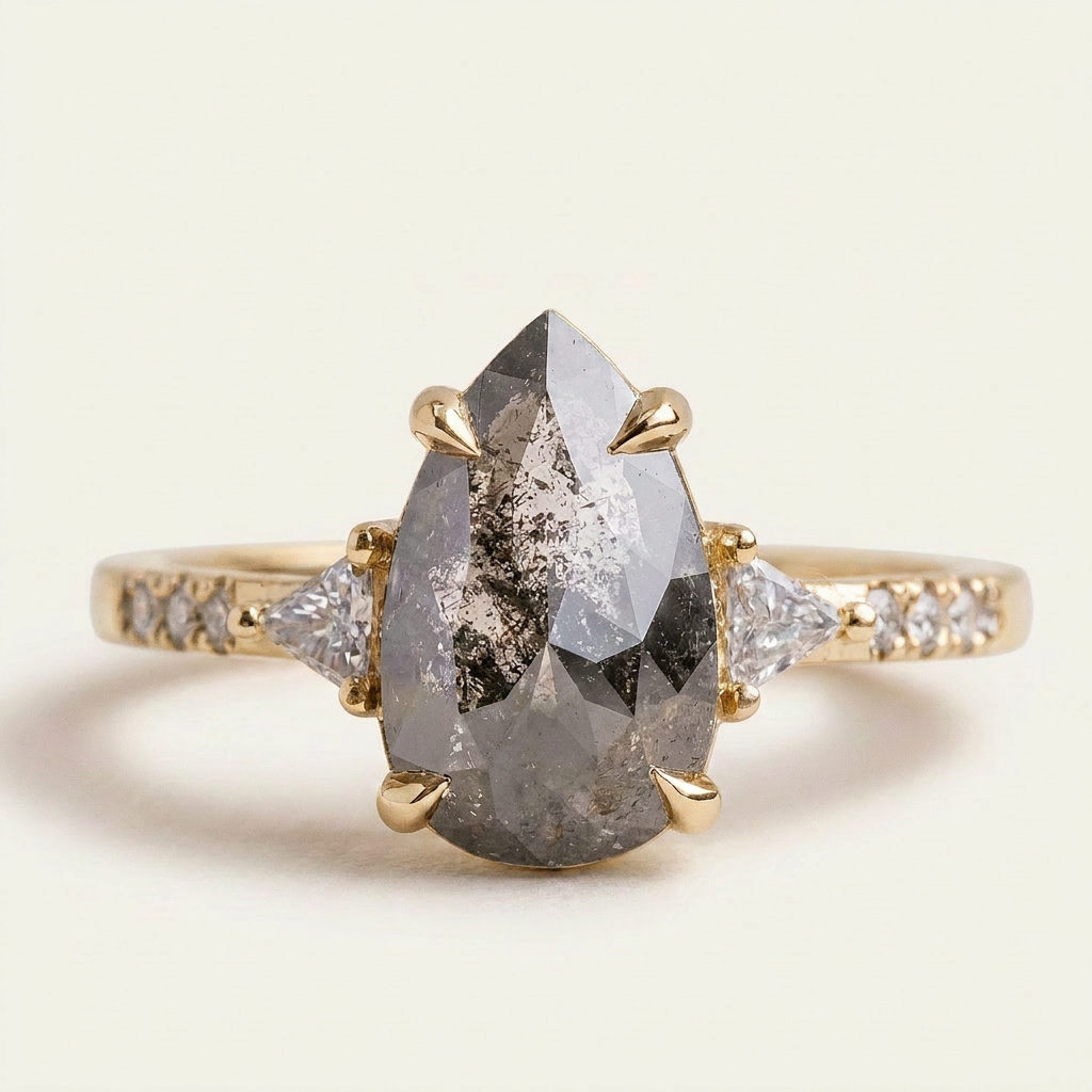 2.20 CT Pear & Triangle Cut Salt and Pepper Diamond Three Stone Ring