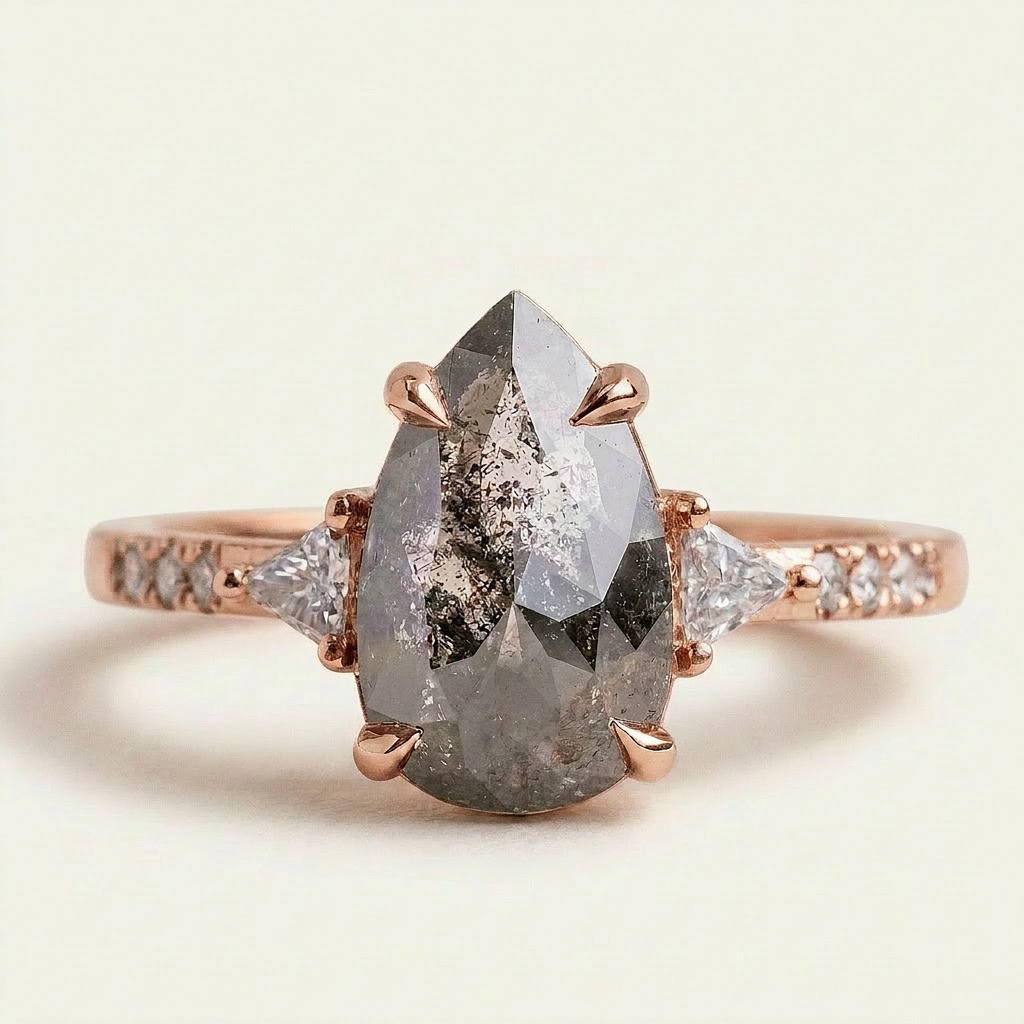 2.20 CT Pear & Triangle Cut Salt and Pepper Diamond Three Stone Ring