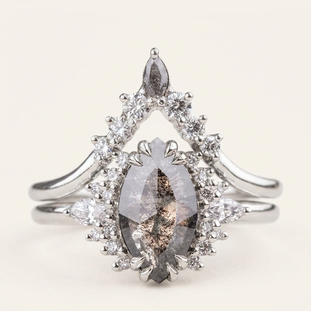 1.95 CT Marquise & Round Cut Salt and Pepper Diamond Cluster Ring